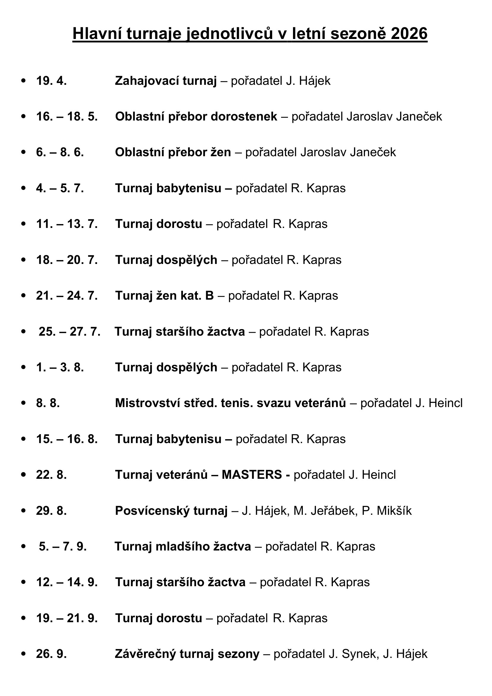 Hlavní turnaje sezony 2026